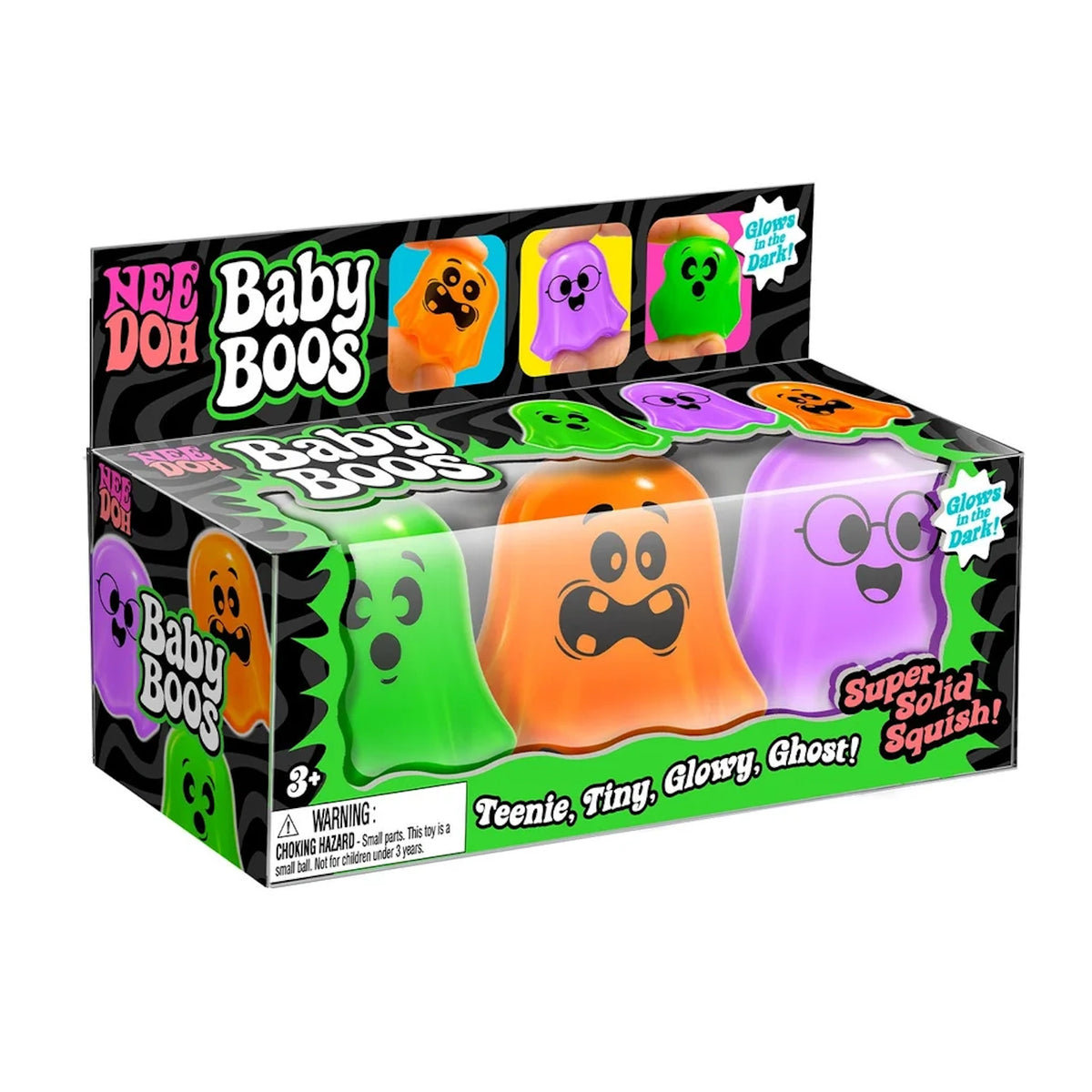 NeeDoh Baby Boos 3-pack packaging featuring green, orange, and purple glow-in-the-dark ghost squishy fidget toys.