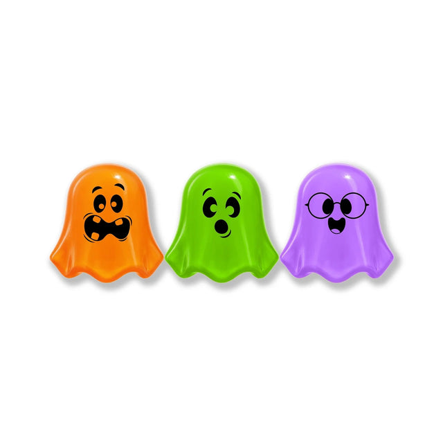 Three NeeDoh Baby Boos squishy ghost fidget toys in orange, green, and purple with cute, expressive faces.