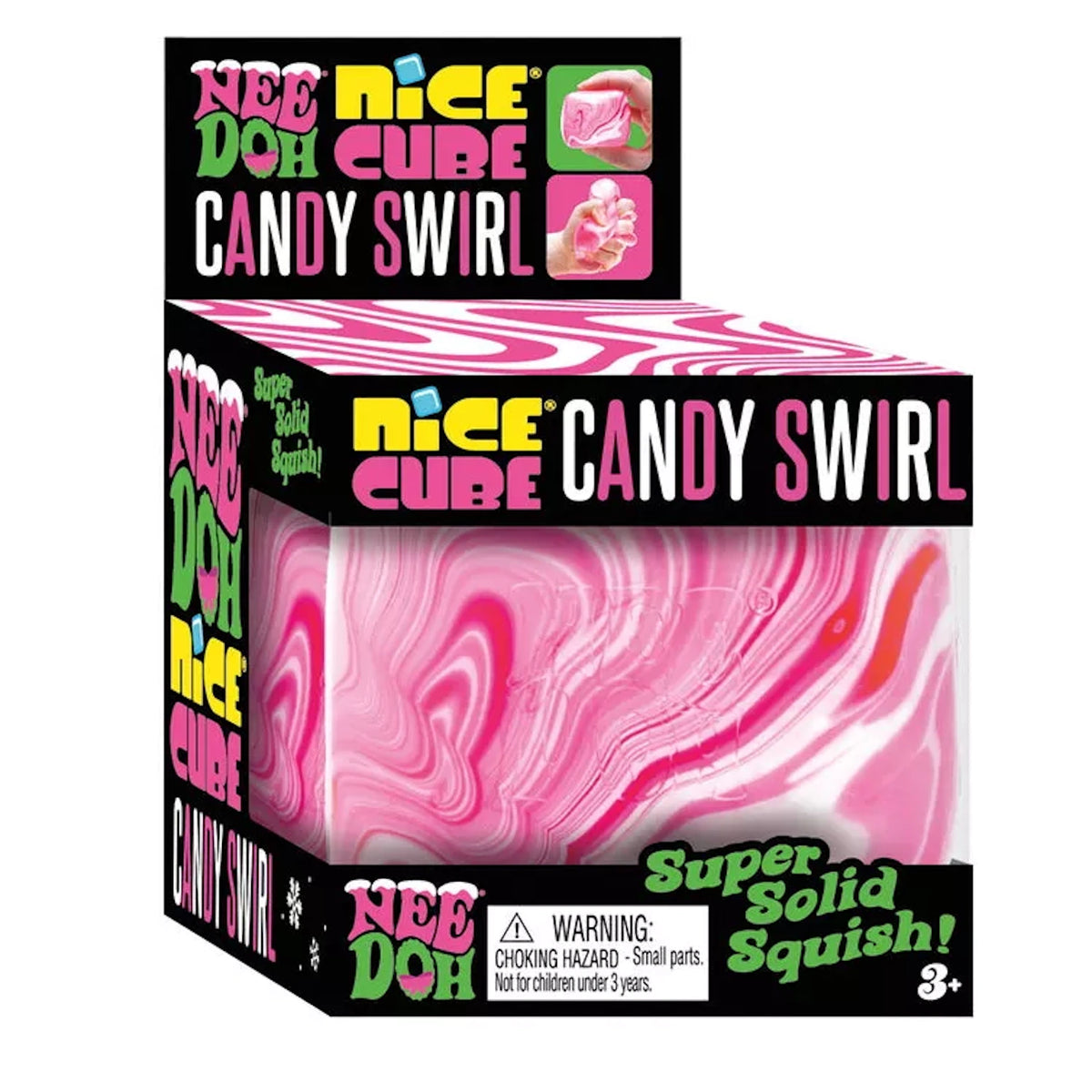 NeeDoh Candy Swirl Nice Cube sensory fidget toy in pink and white marble patterns with "Super Solid Squish" packaging.