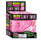 NeeDoh Candy Swirl Nice Cube sensory fidget toy in pink and white marble patterns with "Super Solid Squish" packaging.