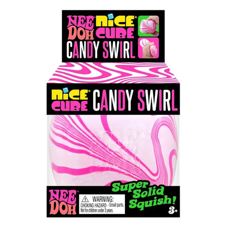 NeeDoh Candy Swirl Nice Cube pink and white fidget toy in packaging. "Super Solid Squish" sensory stress ball for kids.