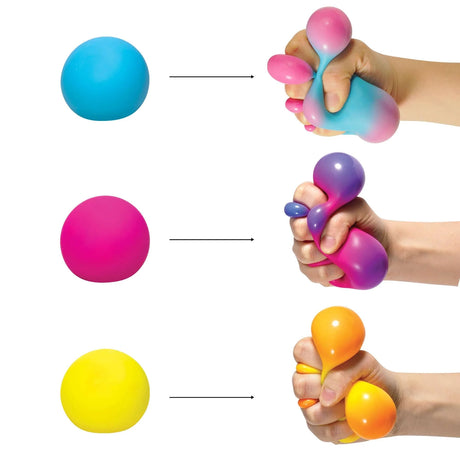Three stress balls, blue, pink, and yellow, shown unsqueezed on the left, transform into multicolored shapes when squeezed by a hand on the right.