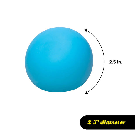 A bright blue spherical ball with a smooth surface is depicted. The ball measures 2.5 inches in diameter, highlighted by an arrow and label.