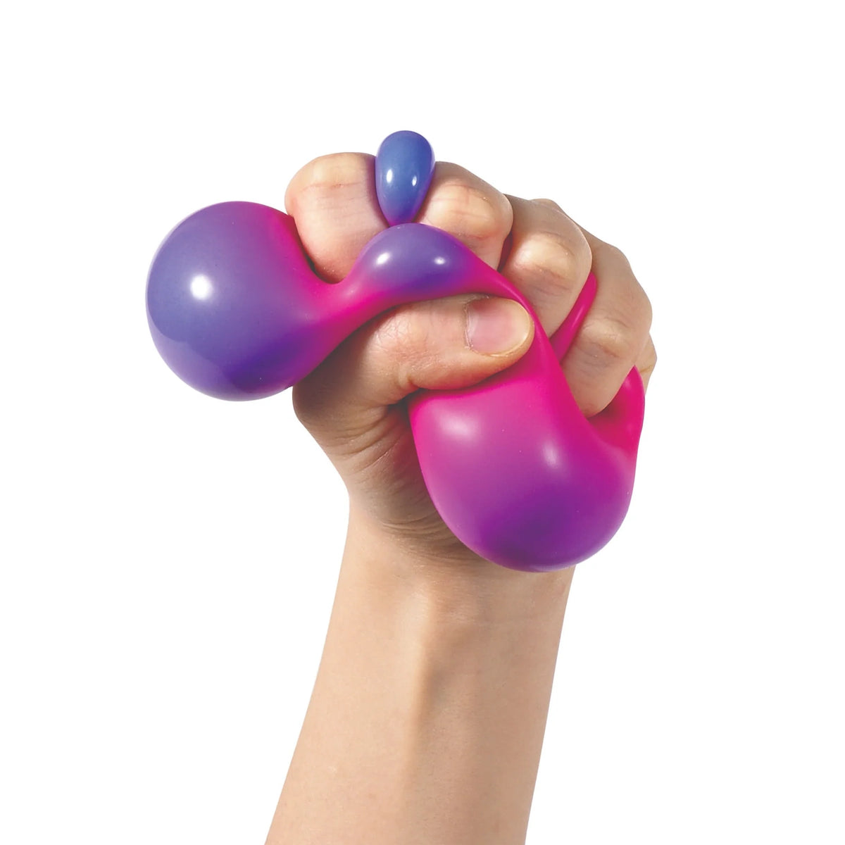 Hand squeezing a stress ball with a smooth, glossy surface, transitioning from purple to pink. The texture appears soft and elastic.