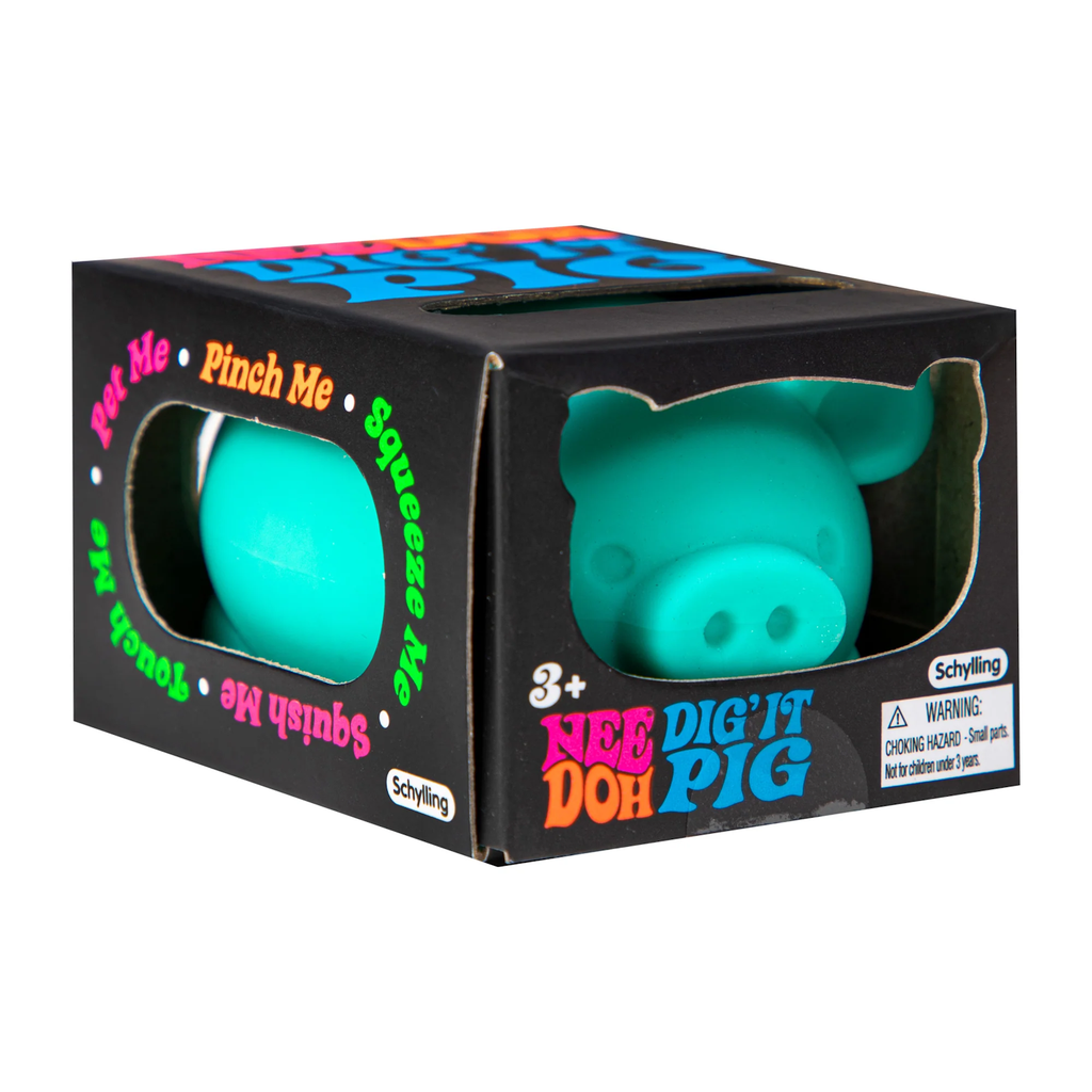 The image shows a teal "Nee Doh" Dig'It Pig stress toy in a black box with colorful text, including "Pinch Me" and "Squeeze Me," designed for ages 3+.