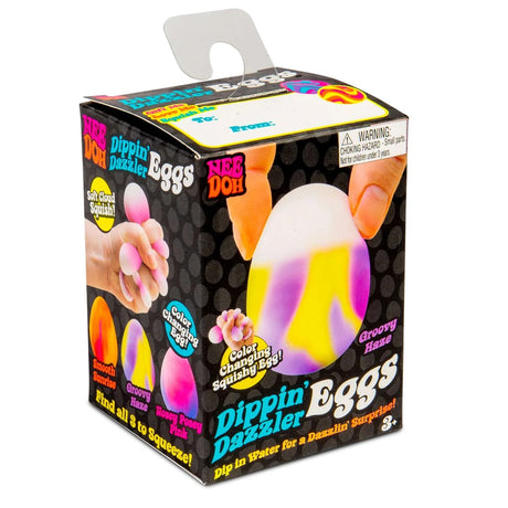 Box of "Dippin' Dazzler Eggs" with a colorful, squishy egg illustration. Text highlights color-changing feature. Bright and playful design.