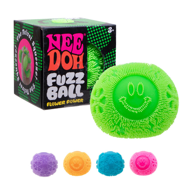 Colorful, textured "Nee Doh Fuzz Ball" toy with a smiling face in green, purple, orange, blue, and pink. Packaging is vibrant with bold text.