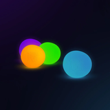 Four glowing spheres of neon colors, purple, orange, green, and blue, are set against a dark background, creating a vibrant and playful ambiance.