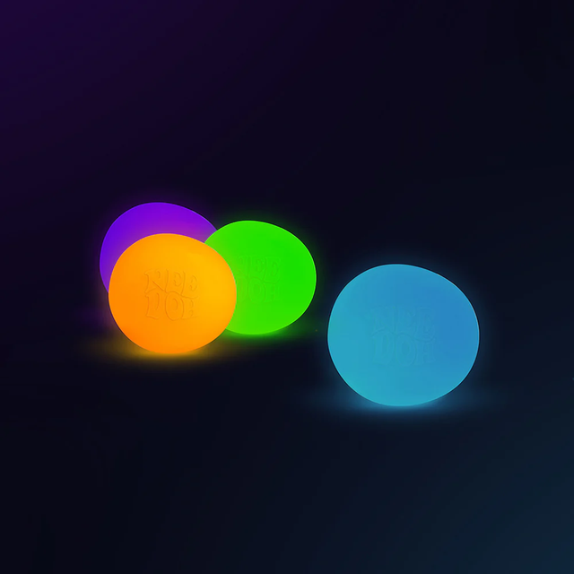 Four glowing spheres of neon colors, purple, orange, green, and blue, are set against a dark background, creating a vibrant and playful ambiance.