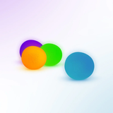 Bright, multicolored balls in orange, purple, green, and blue are scattered on a smooth, light background, conveying a playful and vibrant tone.