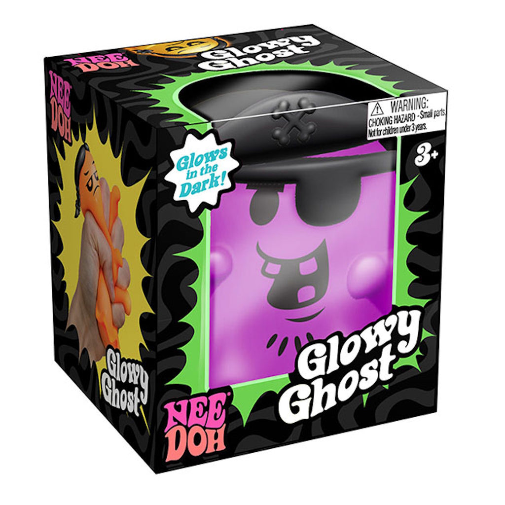 Box featuring a purple, smiling Glowy Ghost toy with a pirate hat, highlighted as glow-in-the-dark. "Nee Doh" branding; suitable for ages 3+.