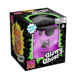 NeeDoh Glowy Ghost purple squishy stress toy in black packaging with "Glows in the Dark" and "3+" age warning labels.