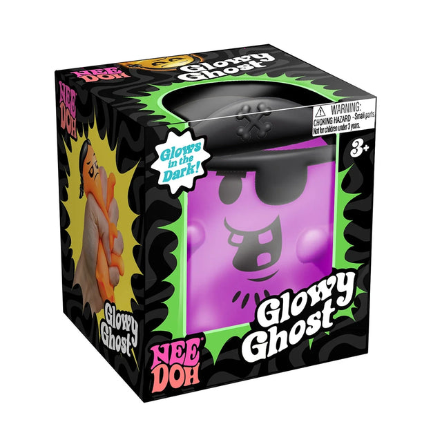 NeeDoh Glowy Ghost purple squishy stress toy in black packaging with "Glows in the Dark" and "3+" age warning labels.