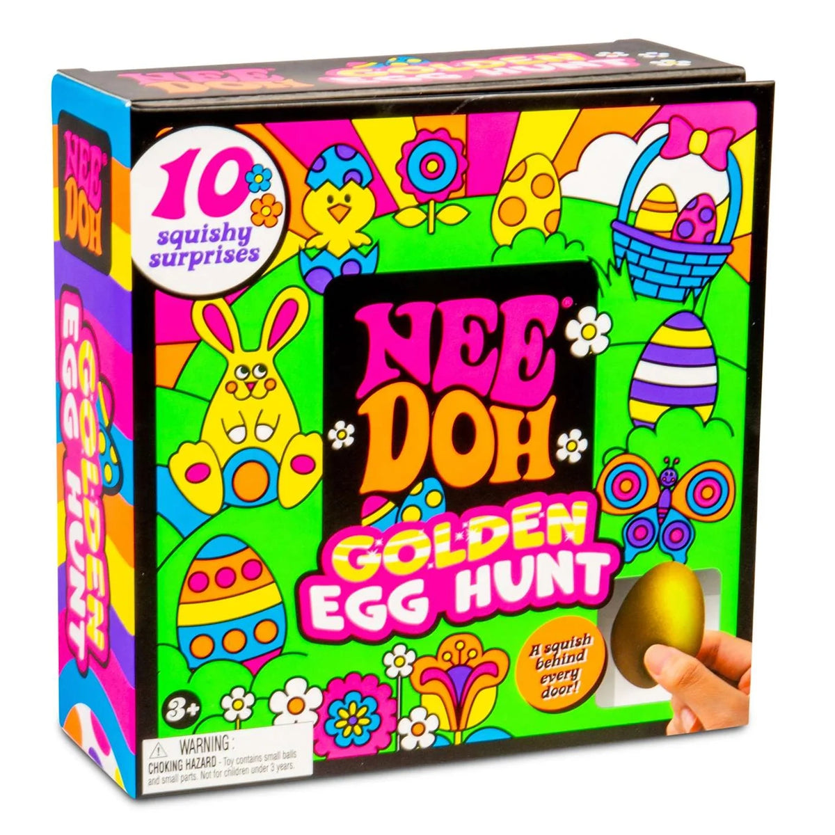 Colorful “Nee Doh Golden Egg Hunt” box featuring Easter-themed illustrations, including bunnies, flowers, eggs, and a hand holding a golden egg. Cheerful and vibrant.