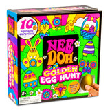 Colorful “Nee Doh Golden Egg Hunt” box featuring Easter-themed illustrations, including bunnies, flowers, eggs, and a hand holding a golden egg. Cheerful and vibrant.
