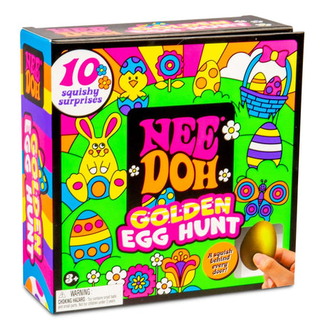 Colorful “Nee Doh Golden Egg Hunt” box featuring Easter-themed illustrations, including bunnies, flowers, eggs, and a hand holding a golden egg. Cheerful and vibrant.