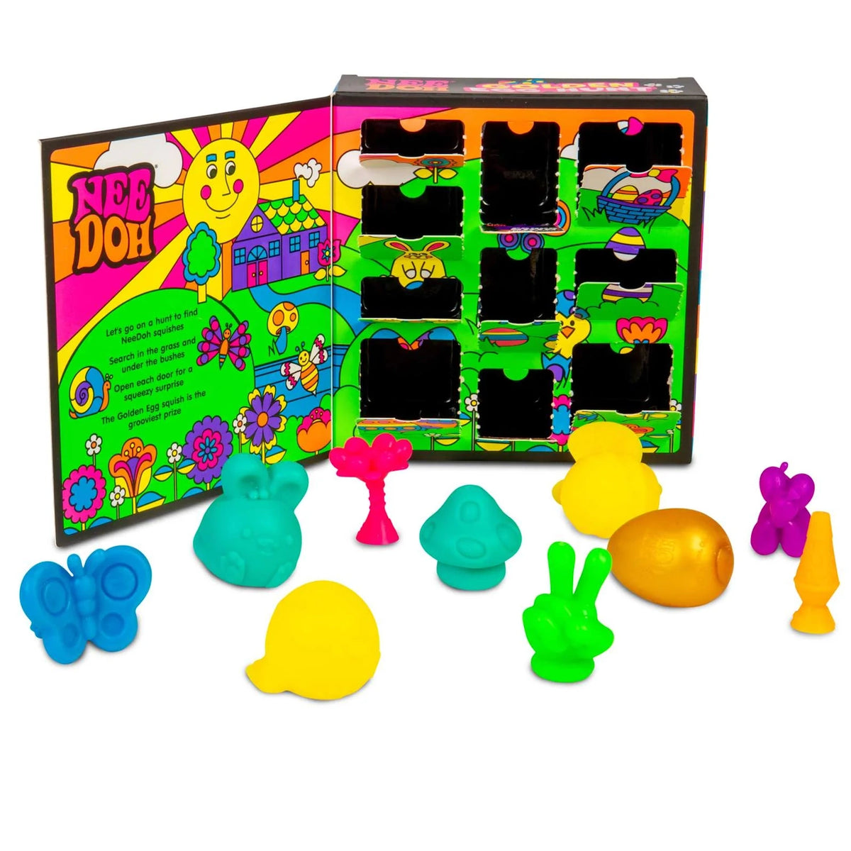 Colorful toy set with various shaped squishy figures in vibrant hues like blue, pink, yellow, and green. They are placed near a bright, illustrated box featuring cartoon-like flowers and a sun, with a whimsical, playful tone.