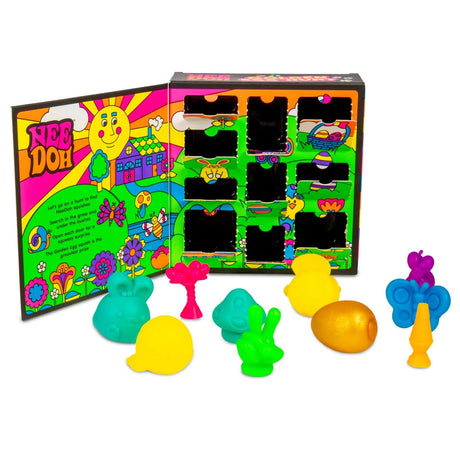 Colorful Nee Doh toy box with nine open compartments and bright squishy toys in various shapes and colors on display. The design is playful and lively.