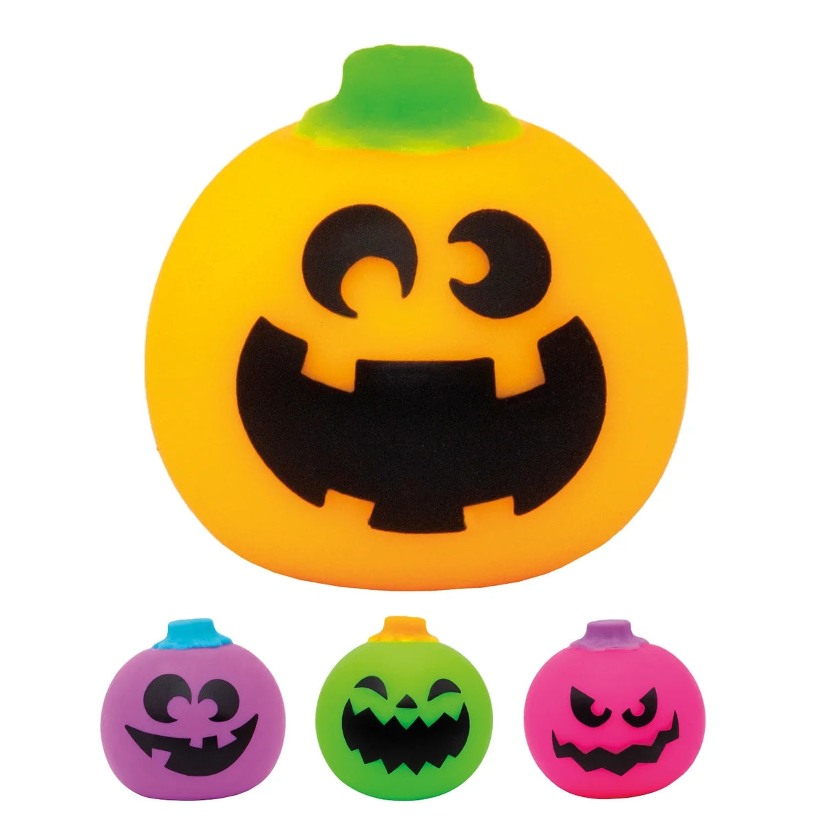 Schylling NeeDoh Jack-Glow Lantern squishy fidget toys in orange, purple, green, and pink with spooky jack-o’-lantern faces.