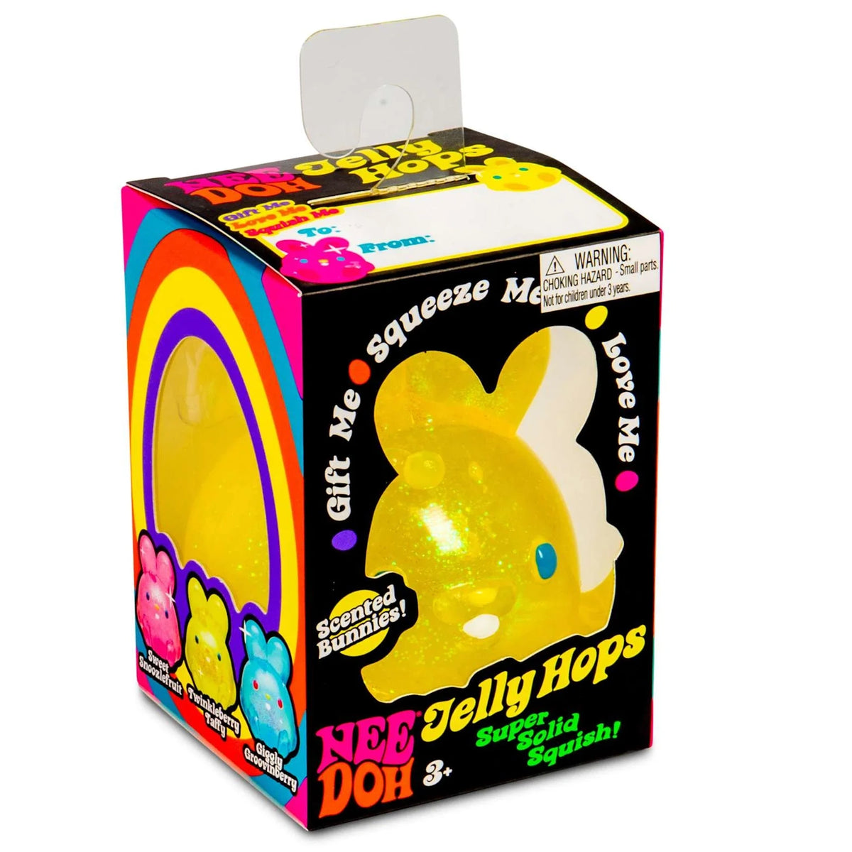 Colorful packaging of a Nee Doh Jelly Hops toy. Features a yellow squishy bunny inside, surrounded by text like "Squeeze Me" and "Scented Bunnies!" with bright rainbow graphics.