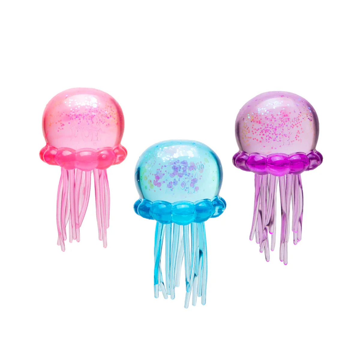 Three glittery jellyfish NeeDoh stress toys in pink, blue, and purple with translucent squishy tentacles.