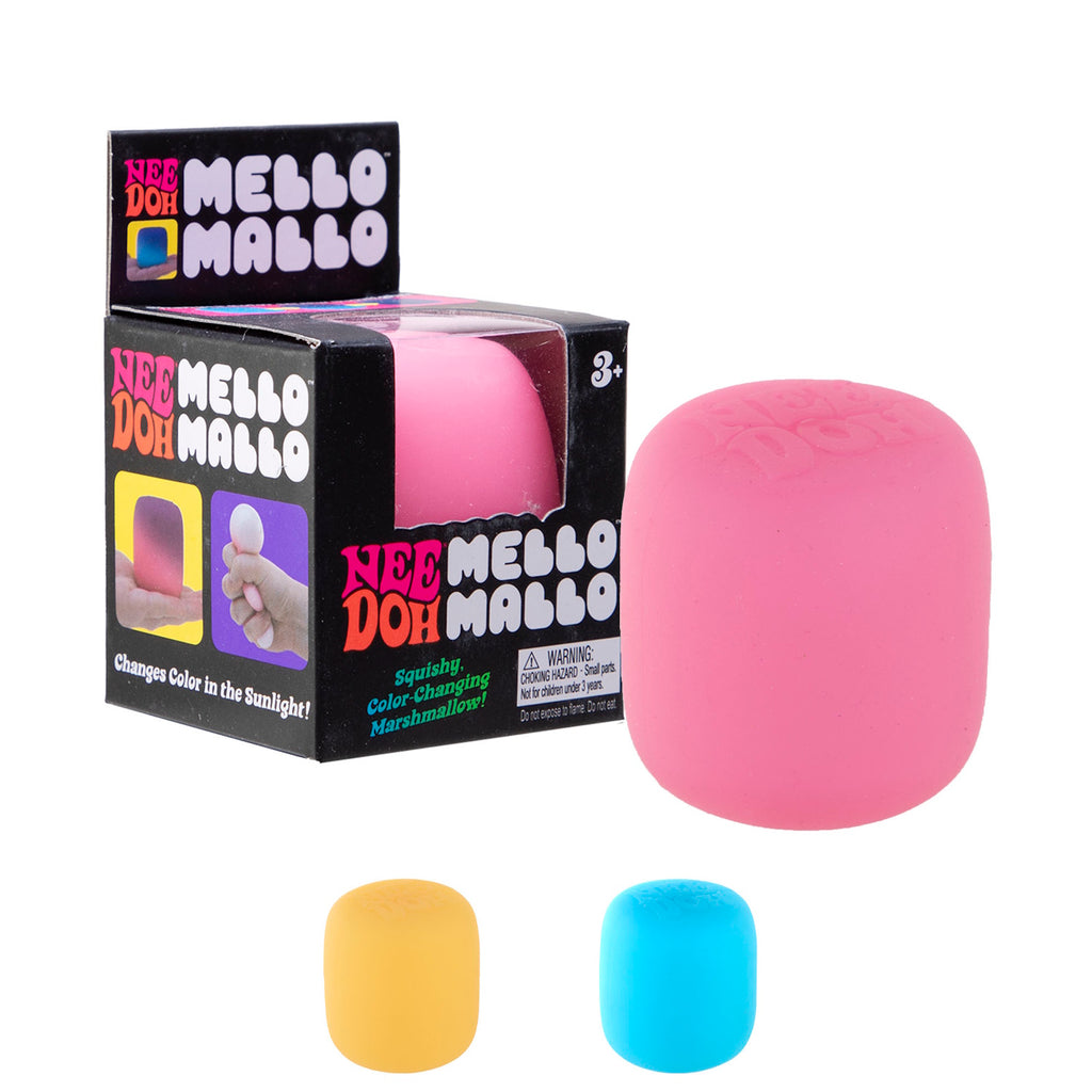 A black box labeled "Nee Doh Mello Mallo" contains a pink, squishy marshmallow toy. Below are yellow, blue, and pink versions, conveying fun and playfulness.