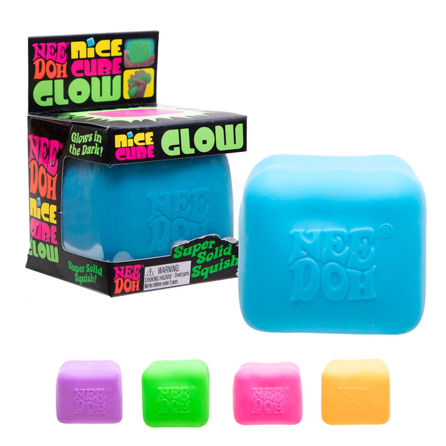 NeeDoh Nice Cube Glow squishy stress toy set in blue, purple, green, pink, and yellow.