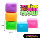 Colorful NeeDoh Nice Cube Glow squishy toys showing 2.25 in. dimensions and color variations.