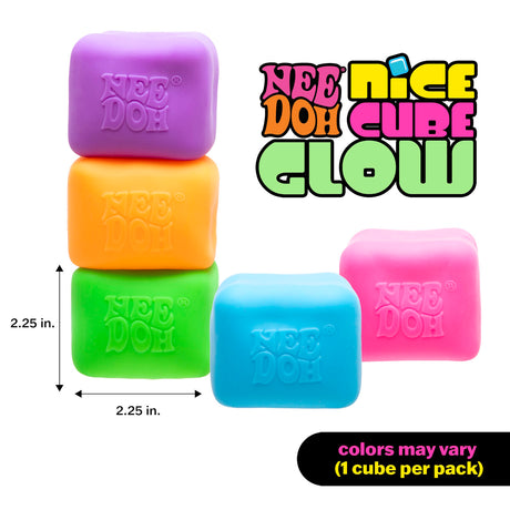 Colorful NeeDoh Nice Cube Glow squishy toys showing 2.25 in. dimensions and color variations.