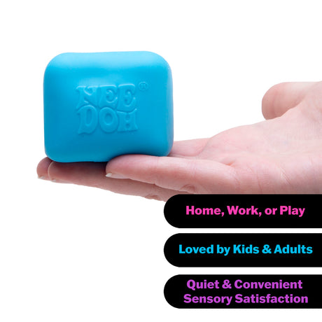 Hand holding a bright blue NeeDoh squishy cube fidget toy against a white background.