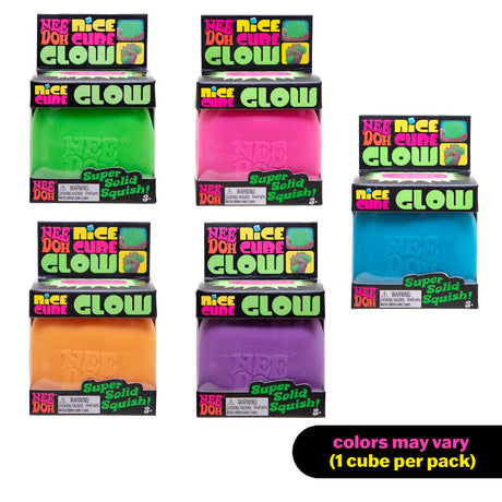 Five packaged NeeDoh Nice Cube Glow squishy toys in green, pink, orange, purple, and blue.