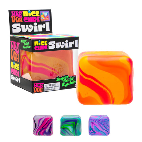 Colorful cube toy packaging with "Swirl" text. The main cube is orange with red swirls, alongside three smaller cubes in purple, green, and blue. Fun and vibrant.