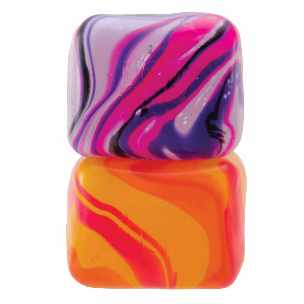 Two stacked rectangular erasers with vibrant swirls; the top features purple, pink, and black, while the bottom has orange and pink. Playful and colorful.