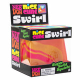 Colorful, boxed Nee Doh Nice Cube Swirl toy with bright pink, yellow, and orange swirls. Text reads "Super Solid Squish!" Warning label for small parts.