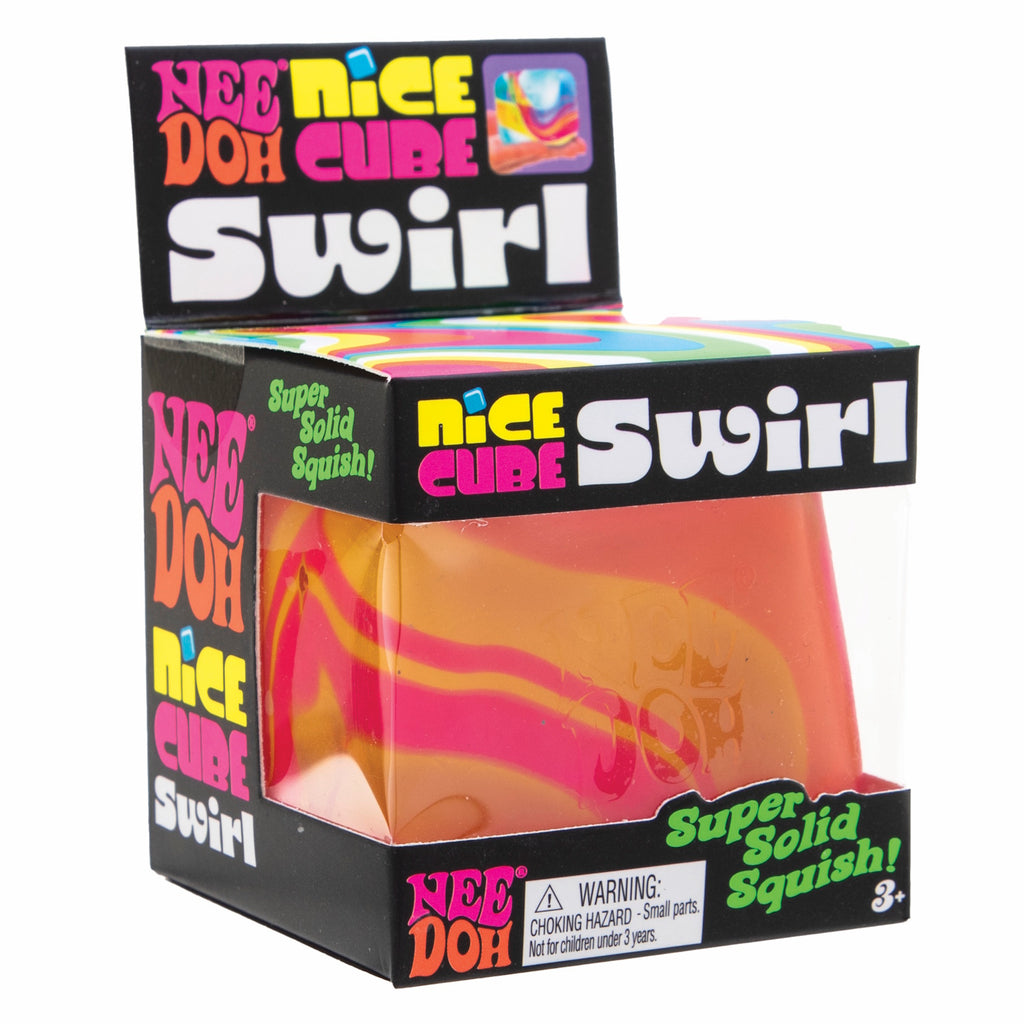 Colorful, boxed Nee Doh Nice Cube Swirl toy with bright pink, yellow, and orange swirls. Text reads "Super Solid Squish!" Warning label for small parts.