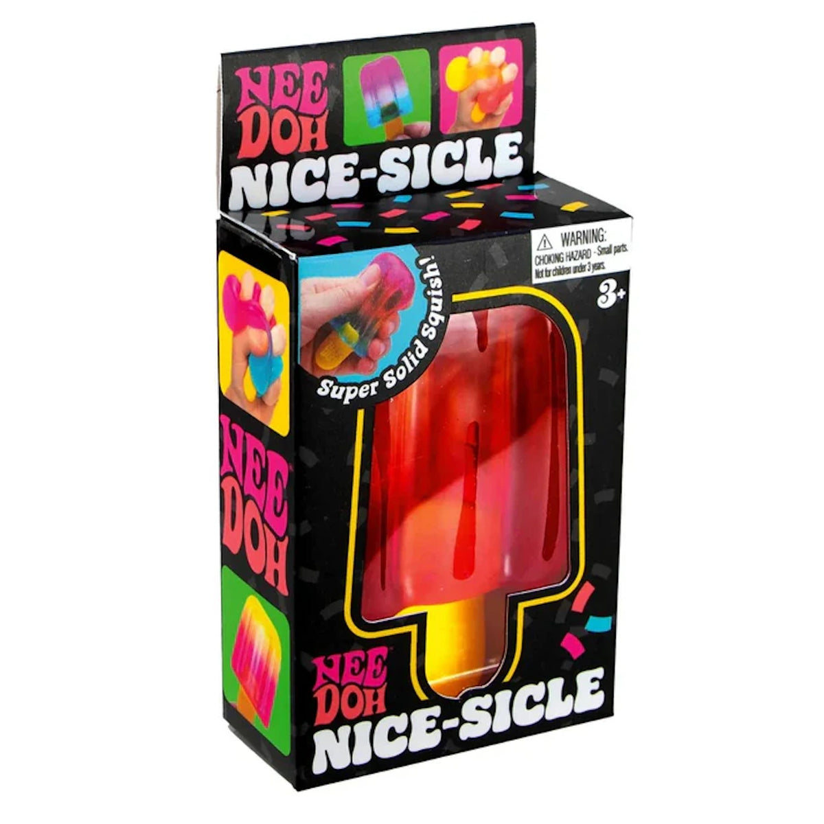 NeeDoh Nice-Sicle packaging box for popsicle-shaped squishy fidget toy, featuring vibrant colors and "Super Solid Squish."