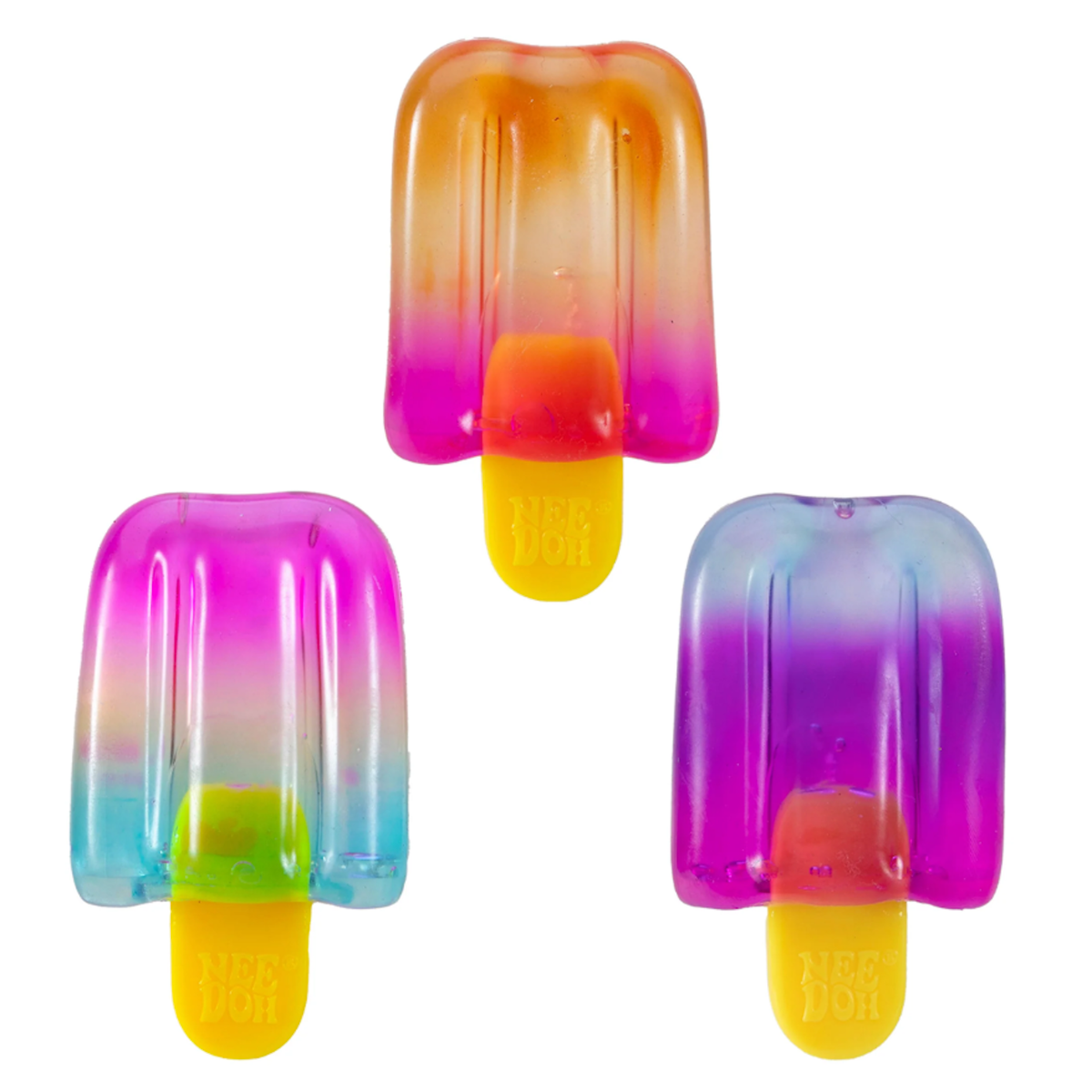 Three colorful Schylling NeeDoh Nice-Icle popsicle-shaped stress toys in vibrant gradient pink, orange, and purple hues.