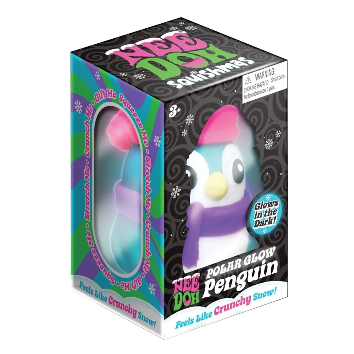 NeeDoh Squishmas Polar Glow Penguin packaging featuring a glow-in-the-dark blue penguin toy that feels like crunchy snow.