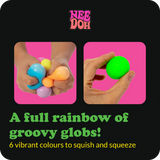 Hands squeezing a rainbow of Teenie NeeDoh stress balls. Vibrant fidget toys for sensory play and stress relief.