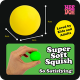 Yellow Teenie NeeDoh stress ball showing 4cm dimensions and a hand squeezing a green squishy toy for scale.