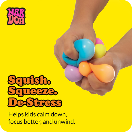 Hands squeezing colorful Teenie NeeDoh stress balls. Text: Squish. Squeeze. De-Stress. Helps kids calm down and focus.
