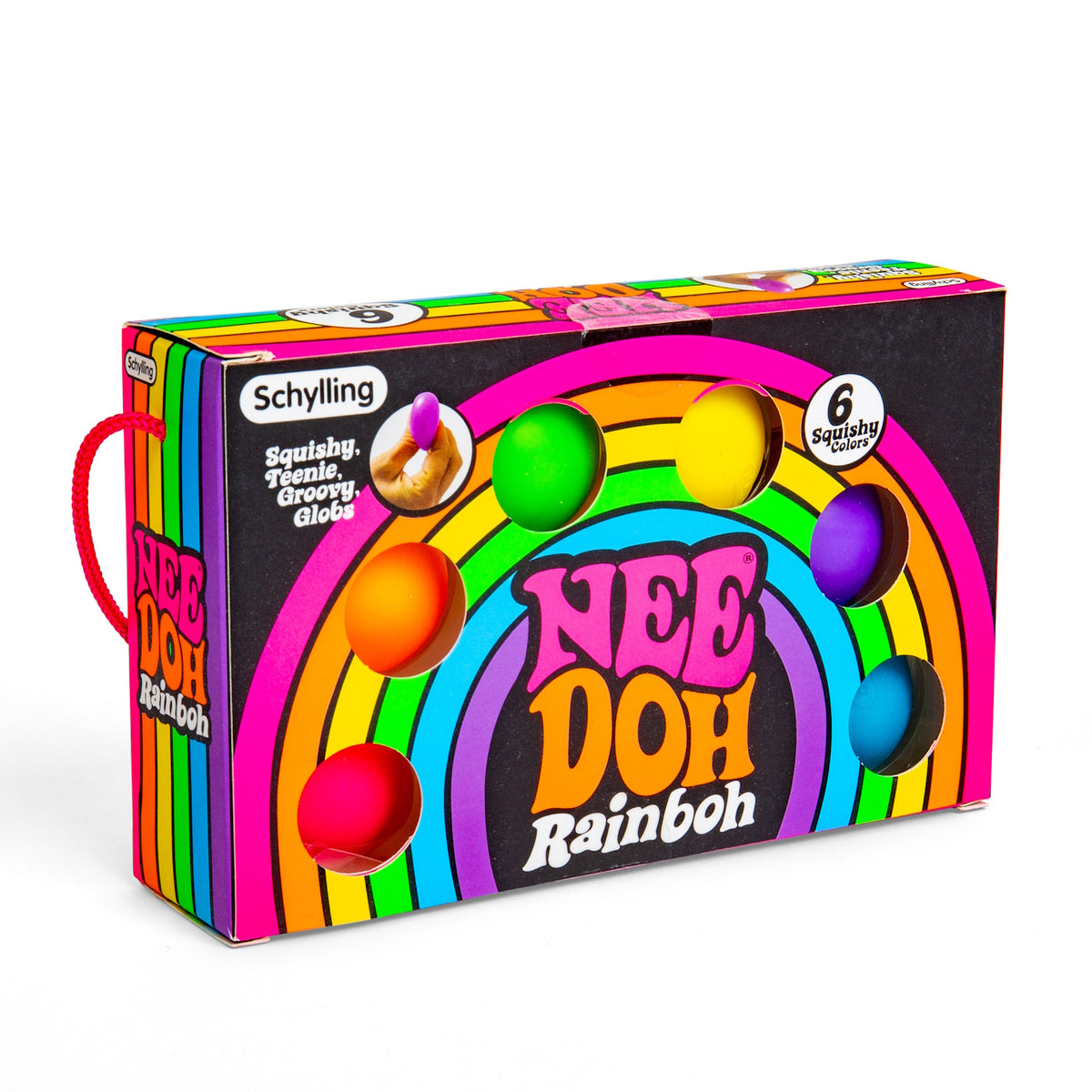 Schylling NeeDoh Rainboh box featuring six colorful, squishy Teenie Groovy Globs in a rainbow-themed display package.