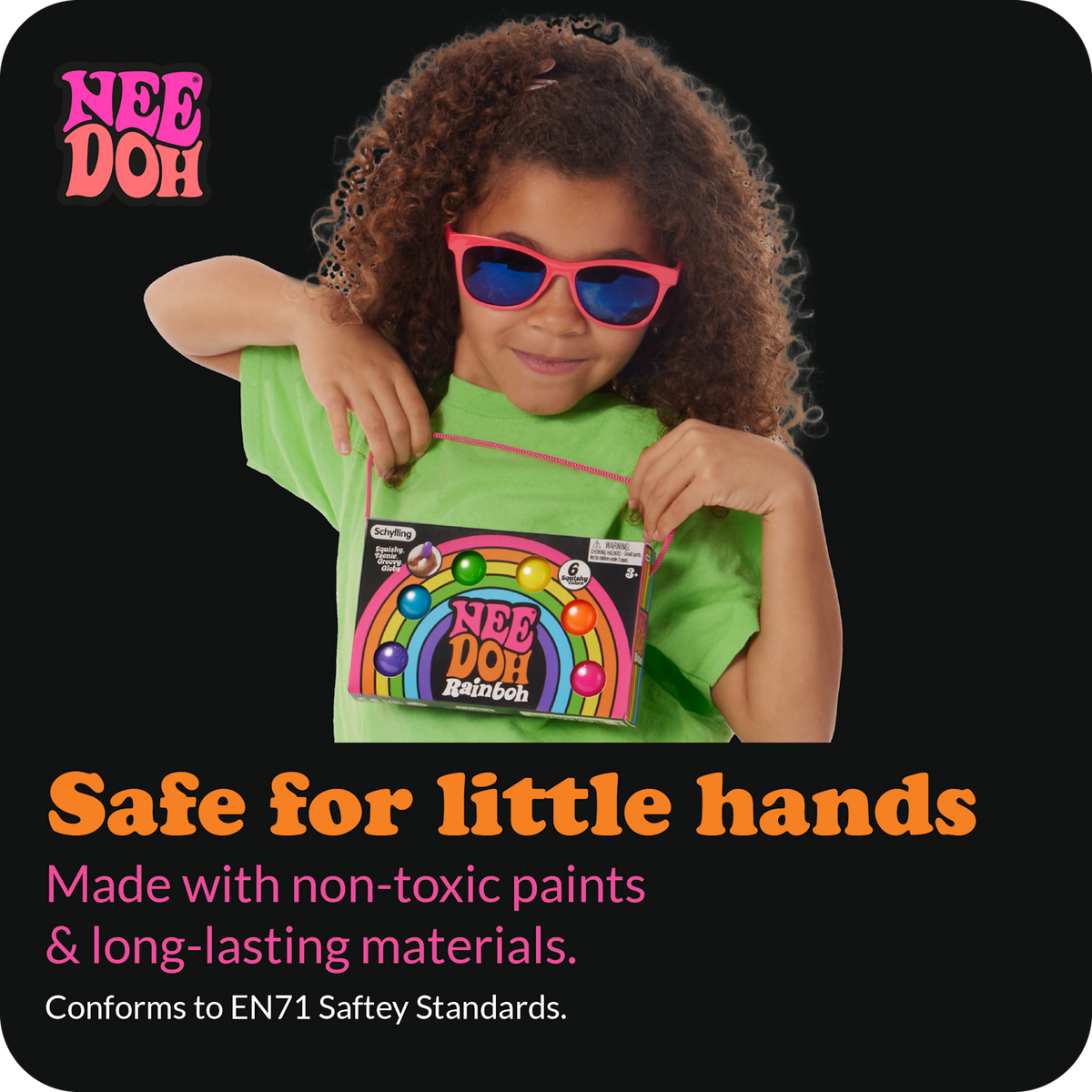 Child holding a NeeDoh Rainboh fidget toy box, highlighting non-toxic materials and EN71 safety standards for kids.