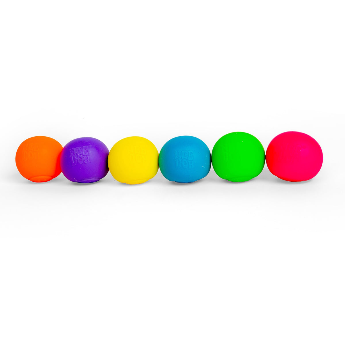 Six colorful NeeDoh Teenie Nee Doh stress balls in a row: orange, purple, yellow, blue, green, and pink on a white background.
