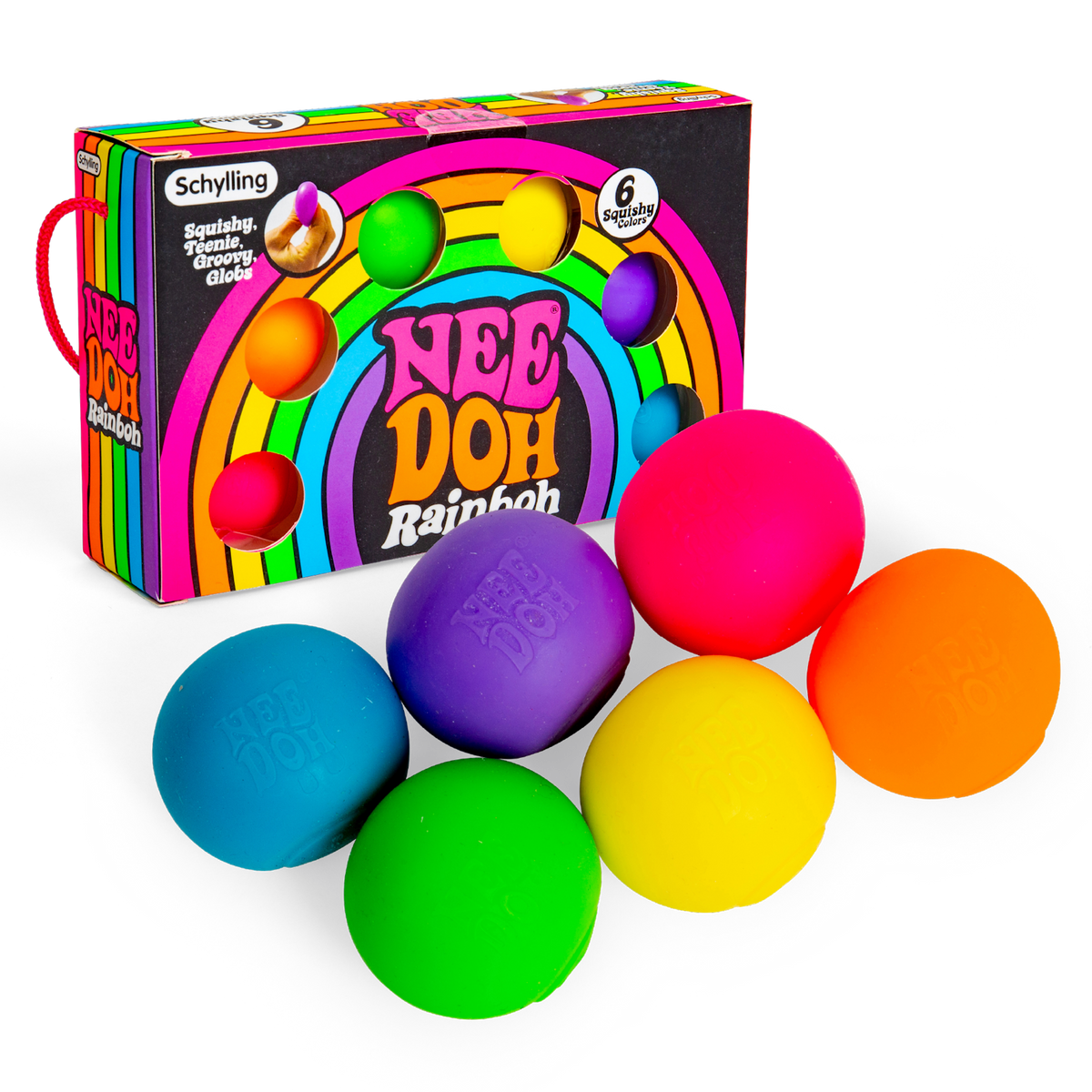 Schylling NeeDoh Rainboh 6-pack of colorful, squishy teenie globs fidget toys with rainbow-themed packaging.