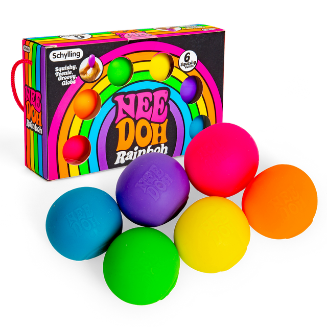 Schylling NeeDoh Rainboh 6-pack of colorful, squishy teenie globs fidget toys with rainbow-themed packaging.