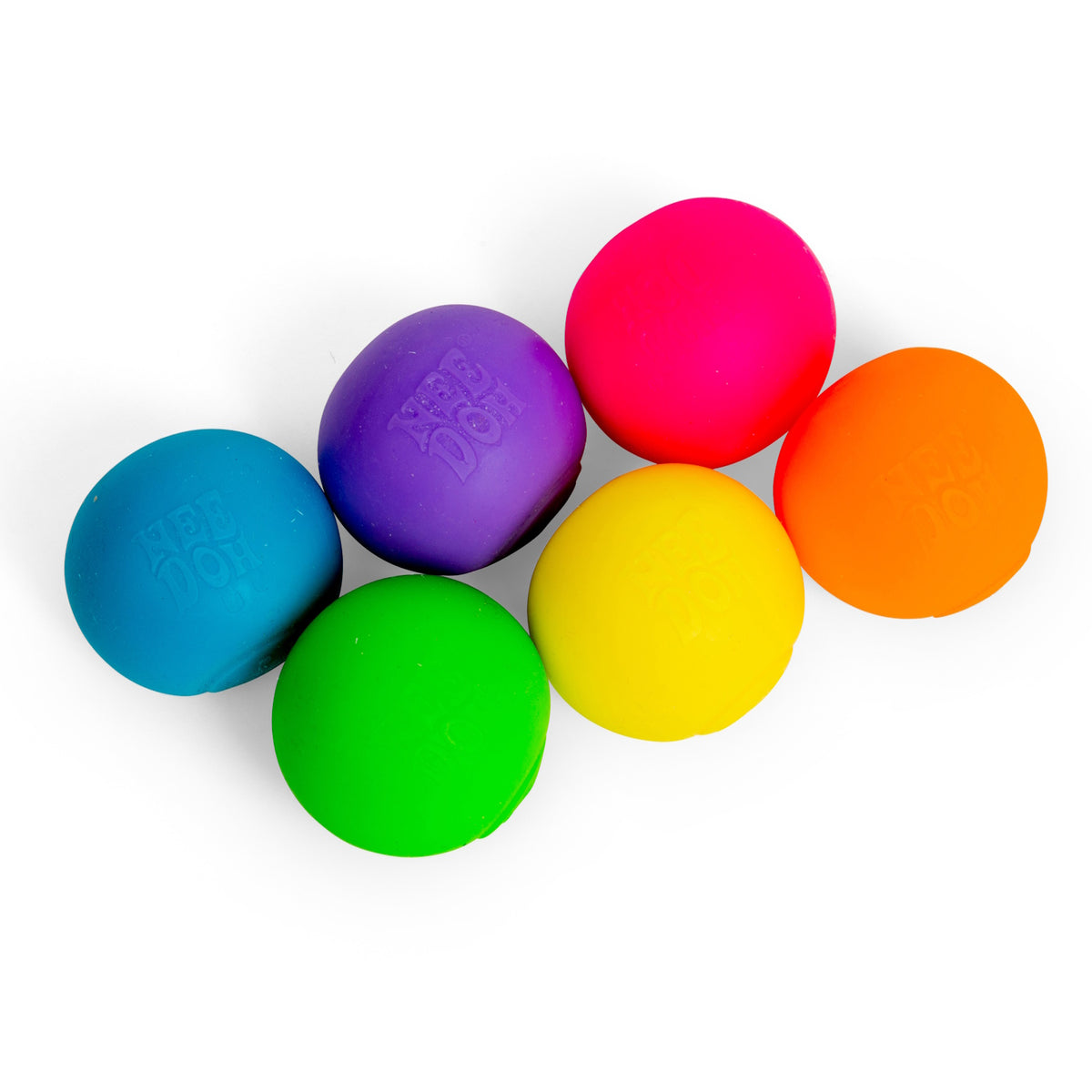 Six rainbow-colored Teenie NeeDoh stress balls in pink, orange, yellow, green, blue, and purple on a white background.