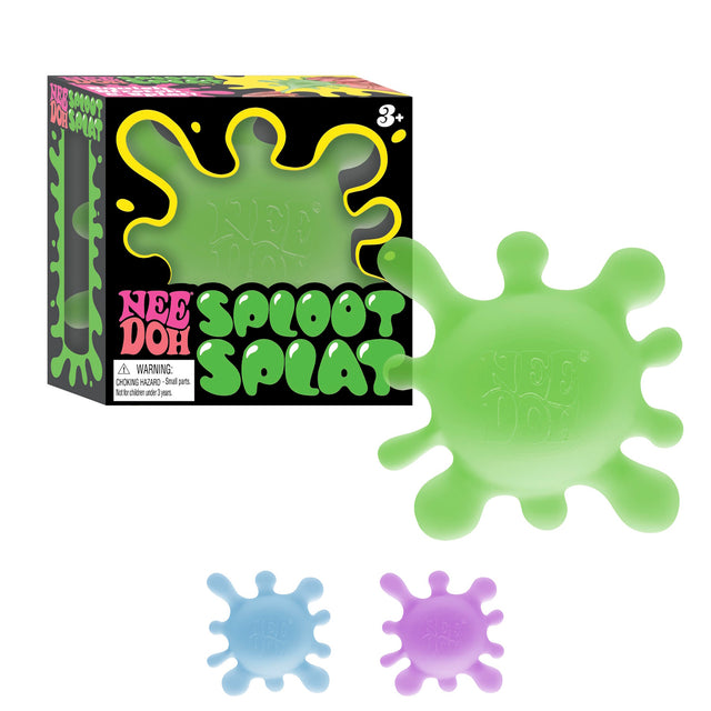 Packaging for a toy called "Nee Doh Sploot Splat" featuring green, blue, and purple splat-shaped objects. Box has playful, vibrant design.