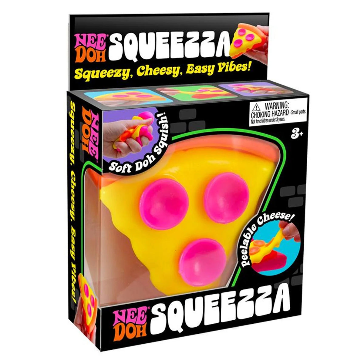 NeeDoh Squeezza pizza stress toy in packaging, featuring yellow cheese, pink pepperoni, and peelable dough squish.