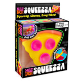 NeeDoh Squeezza pizza stress toy in packaging, featuring yellow cheese, pink pepperoni, and peelable dough squish.